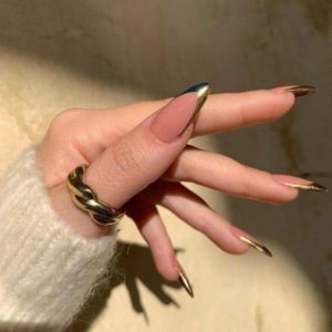 Френч золотой длинные ногти 