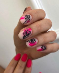 Цветы чёрные на ногтях минимализм дизайн 