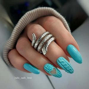 Вязаный дизайн ногтей бирюзовый 