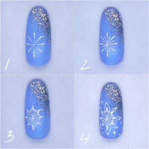 Зимний дизайн со снежинками пошагово голубой с блёстками