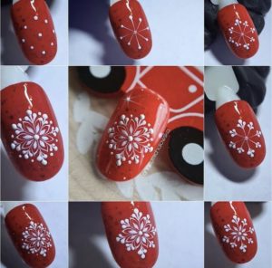 Красный маникюр со снежинками фото пошагово 